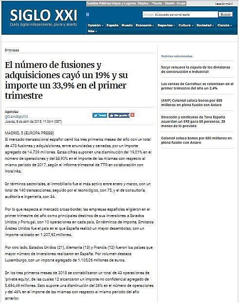 El nmero de fusiones y adquisiciones cay un 19% y su importe un 33,9% en el primer trimestre